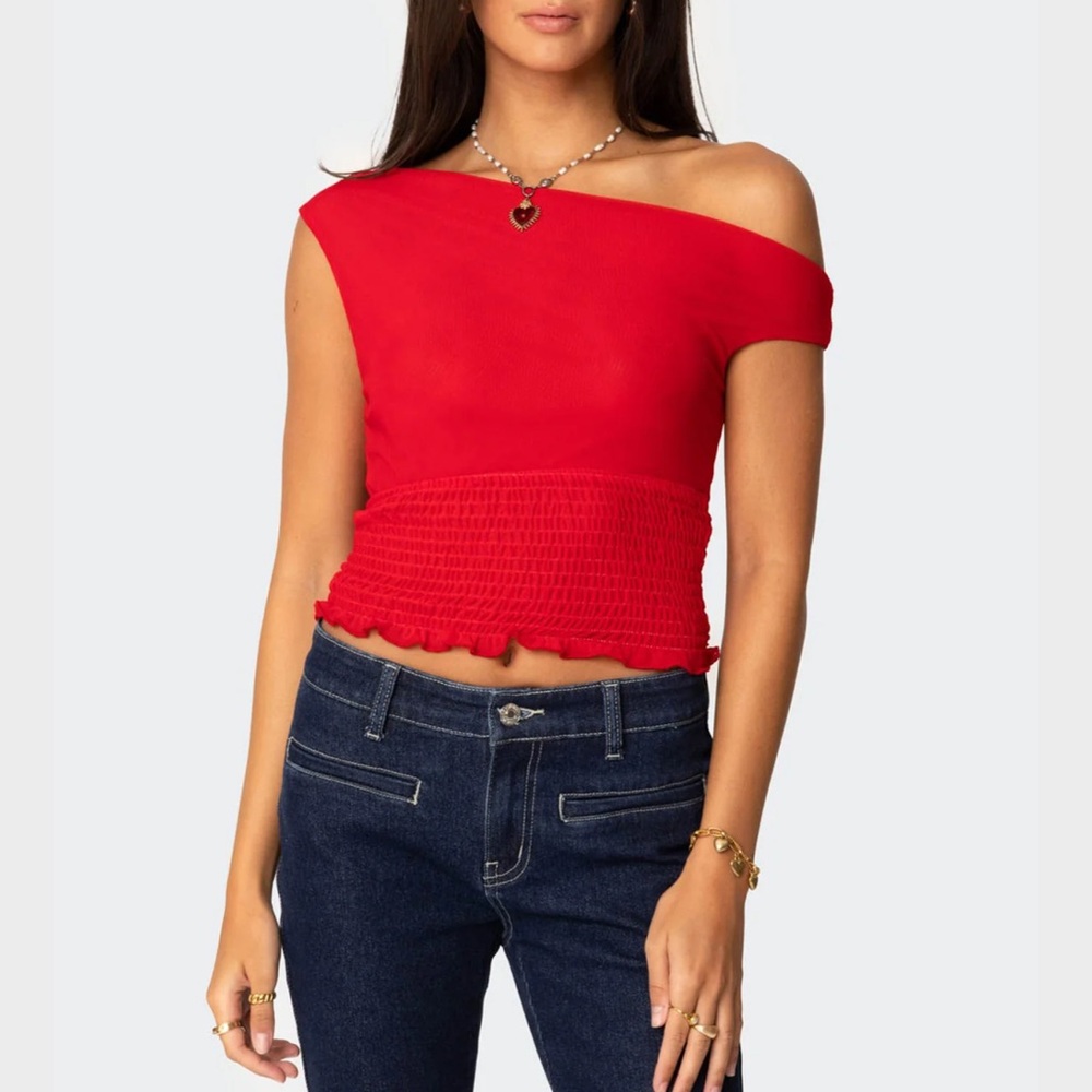 Edikted mesh red off the shoulder top